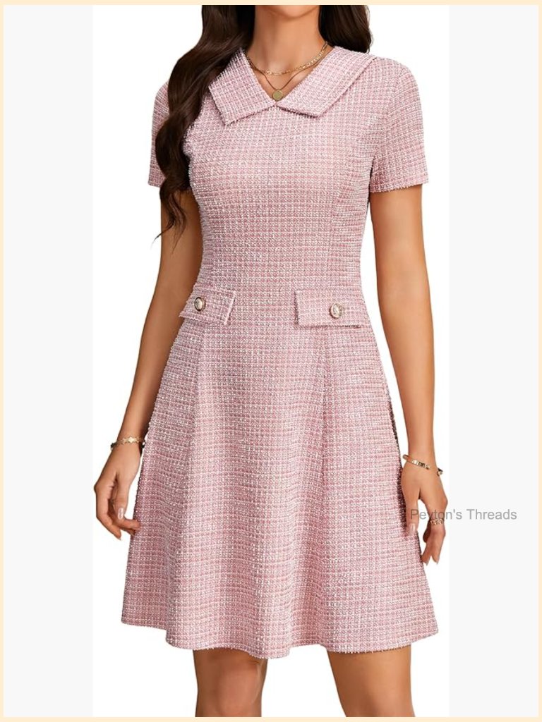 Tweed Collared Short Sleeve Ruffle A-Line Midi Dress